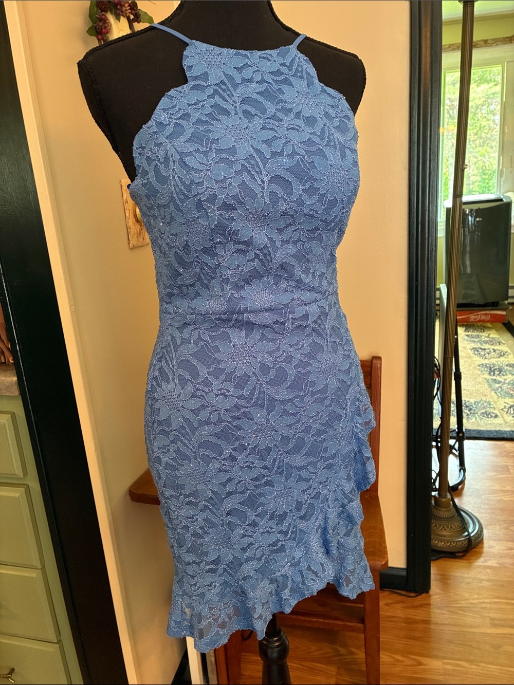 City Studio Light Blue Lace Halter Mini Dress